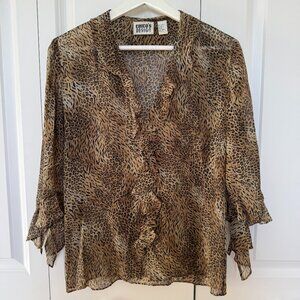 Vintage Chico's Design 100% Silk Leopard Print Sheer Top Sz 0 Bell Sleeves